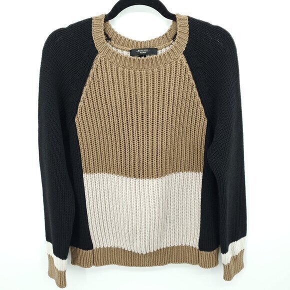 Weekend Max Mara 100% Virgin Wool Chunky Colorblock Sweater M Cream/Black/Brown - Picture 1 of 15